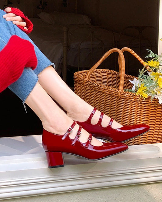 Mary Jane 3 Straps Chunky Block Heel Loafers