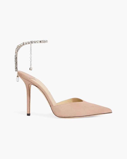 Women's Blush Suede Pointed Toe Pumps with Crystal Ankle Strap