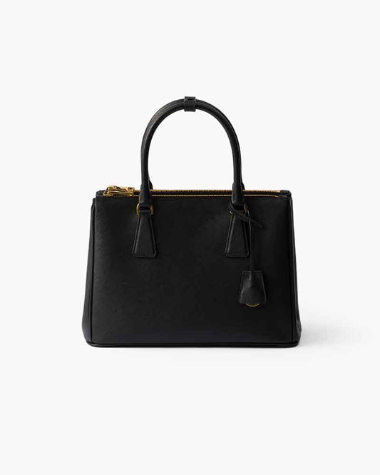 Black Double Zip Shoulder Handbag with Gold Hardware & Strap