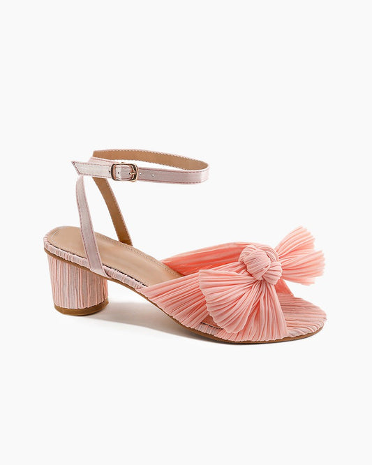 Pleated Bow Open Toe Chunky Block Slingback Heel Sandals