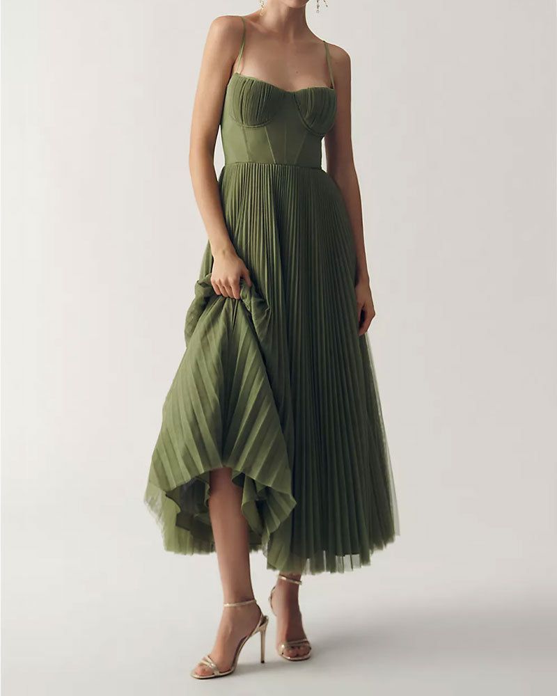 Corset Pleated Tulle Fit & Flare Midi Dress Green / L Corset Pleated Tulle Fit & Flare Midi Dress Green / L