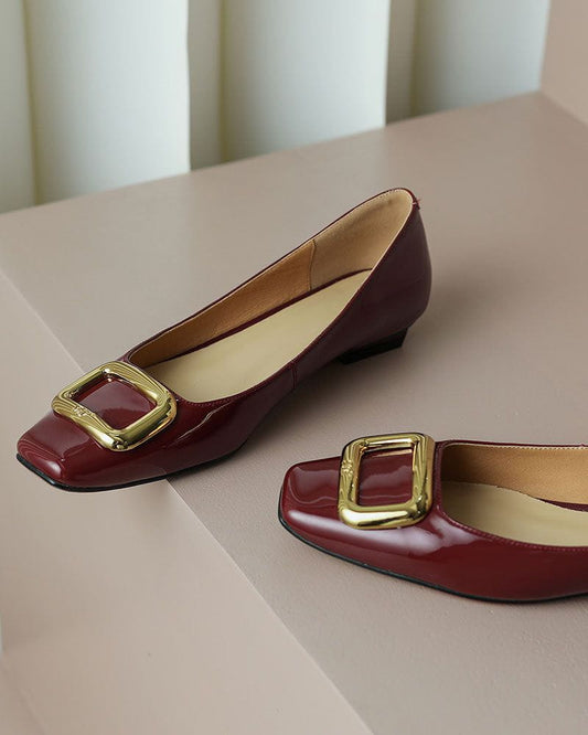 Gold Square Buckle Patent Leather Loafers