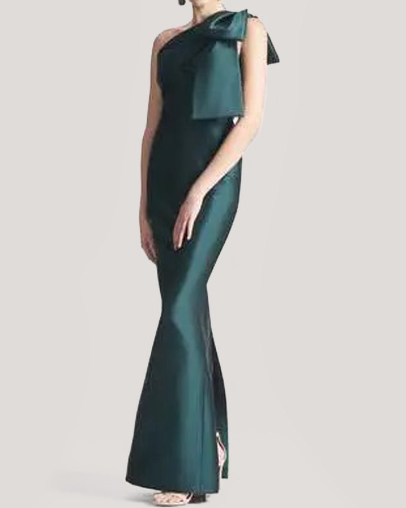 green satin bow dress Green Satin Mermaid Evening Prom Dress with Bow Spaghetti Straps loveangeldress