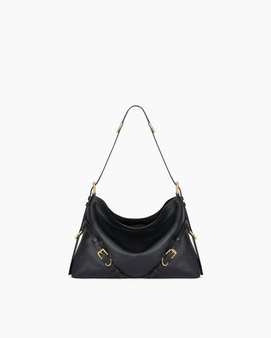 Slouchy Black Shoulder Handbag with Buckle Straps
