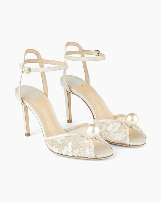 Ivory Floral Lace Sandal Heels with Pearl Detail