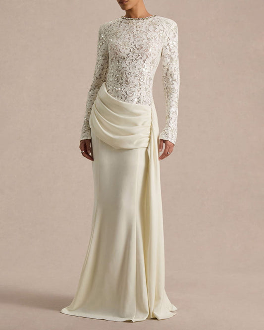 Women’s Lace Long Sleeve Draped Mermaid Maxi Dress