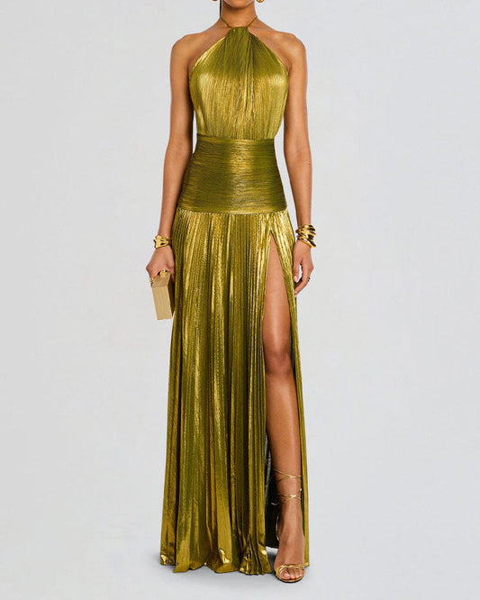 Metallic Peridot Halter Neck Gown