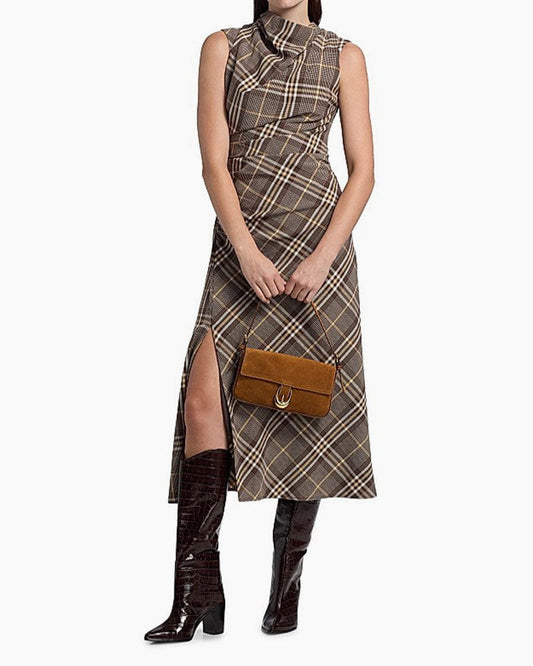 (Pre-sale) Plaid Asymmetric Cowlneck Midi Dress