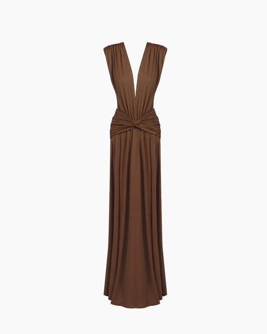 Ruched Plunge Neckline Draped Maxi Gown