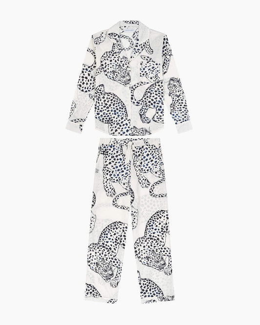 Cotton Long Pyjama Set in Illustrated Leopard Print