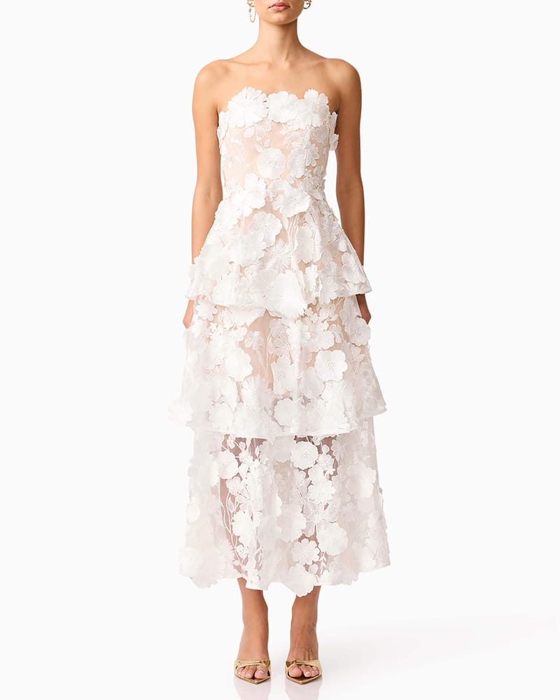 strapless 3d floral embroidered dress with tiered maxi skirt Women's White Strapless 3D Floral Embroidered Tiered Maxi Dress –  LarosaStyle