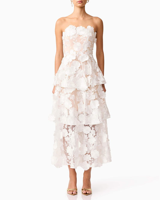 Women’s White Strapless 3D Floral Embroidered Tiered Maxi Dress