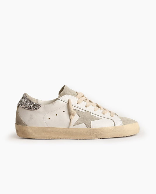 White Nappa Leather Sneakers with Gray Star and Silver Glitter Heel Tab