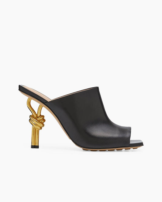 Gold Knot Heel Mules Leather High Heel Pumps