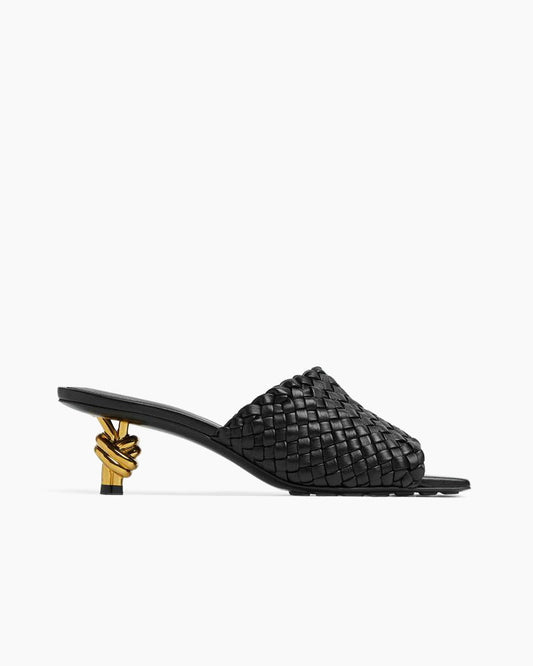 Gold Knot Heel Mules Woven Kitten Heel Pumps