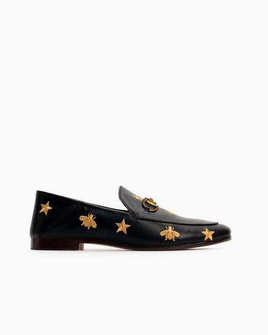 Classic Metal Buckle Bee and Star Leather Loafers