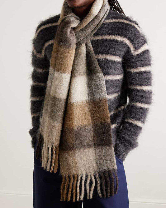 Fringed Checked Knitted Wool Scarf