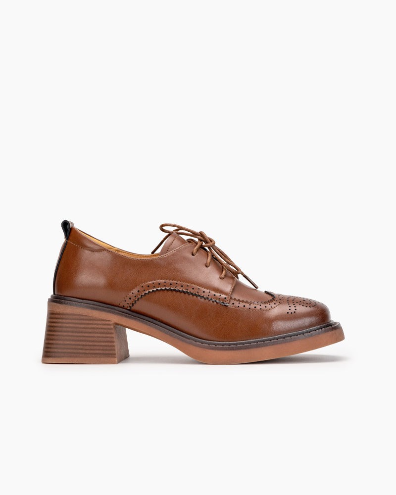 Carved Wingtip Brogues Lace up Chunky Heel Oxford Brown US 5