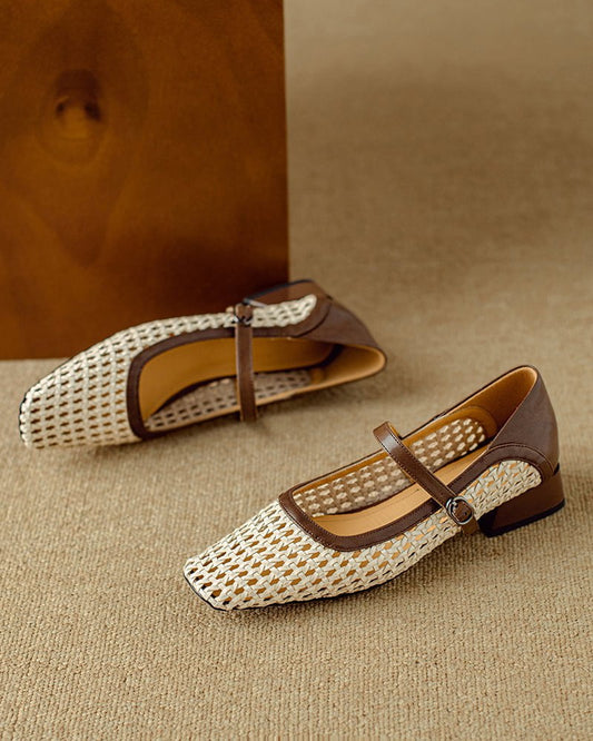 Woven Block Heel Square Toe Mary Jane