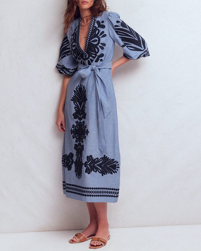 embroidered chambray dress (Pre-sale) Summer Getaway Embroidered Chambray Midi Dress Blue / M