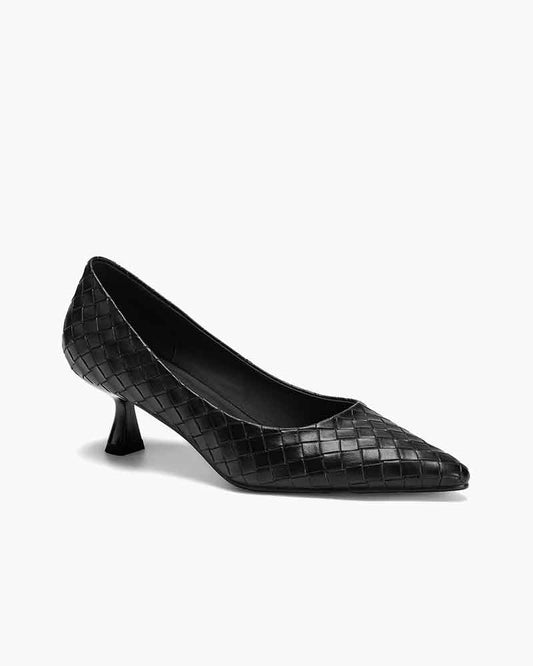 Refined Woven-Pattern Pointed-Toe Mid-Heel Pumps