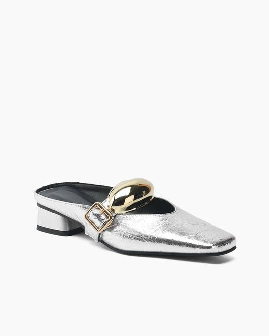 Bold Gold Oval Buckle Square Toe Flat Mules