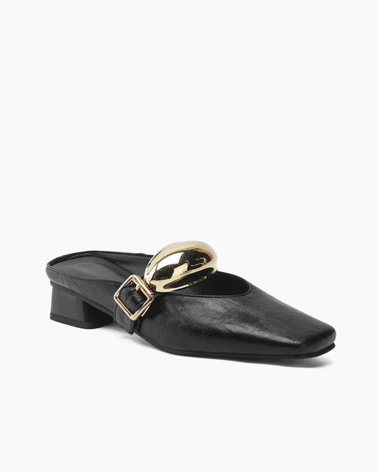 Bold Gold Oval Buckle Square Toe Flat Mules
