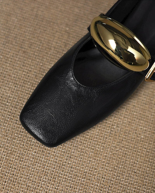 Bold Gold Oval Buckle Square Toe Flat Mules