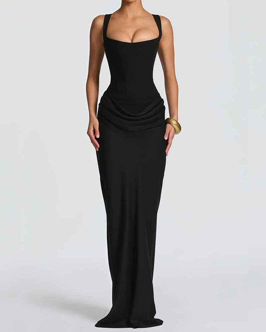 Evening-Glamour-Black-Ruched-Corset-Maxi-Dress-1