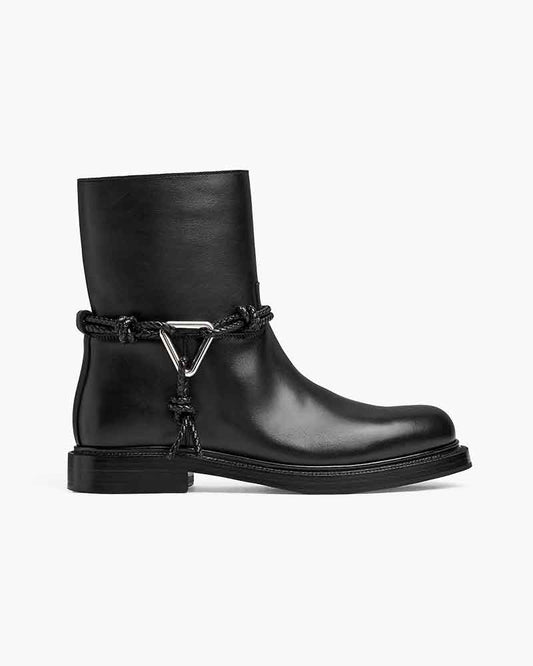 Smooth Leather Booties Metal Triangle Knot Detail Strap