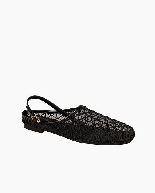 French Retro Mesh Square-Toe Slingback Mary Jane Flats