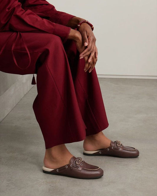 Women's Boat Shoes Brown Leather and Suede Mules