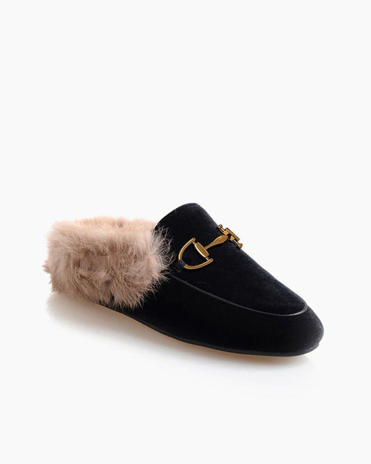 Classic Metal Buckle Velvet Backless Fur Horsebit Metal Slip-on Mules