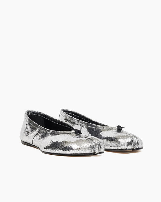 Silver Crinkle Leather Tabi Shoe Ballet Flats