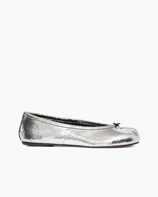 Silver Crinkle Leather Tabi Shoe Ballet Flats