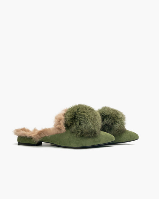 Suede Pointed Toe Backless Pompom Slippers Mules
