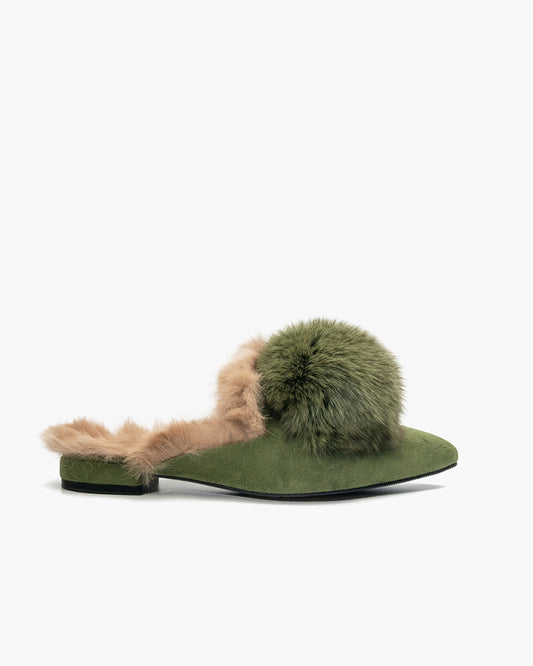 Suede Pointed Toe Backless Pompom Slippers Mules