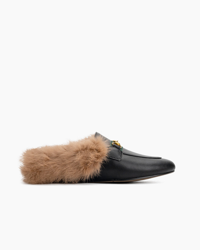 Horsebit-Classic-Metal-Buckle-Fur-Backless-Leather-Slip-On-flat-Mules