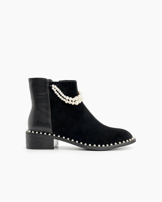 Pearls Chain Round Toe Chunky Heel Ankle Boots