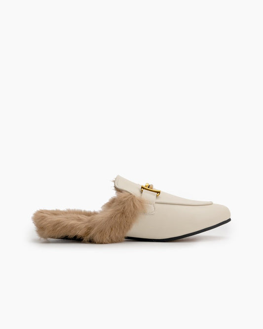 Chain Closed Toe Fur Backless Slip on Slides Mules