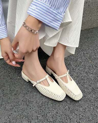 Retro Leather Hollow Out Slingback Block Heel Mules