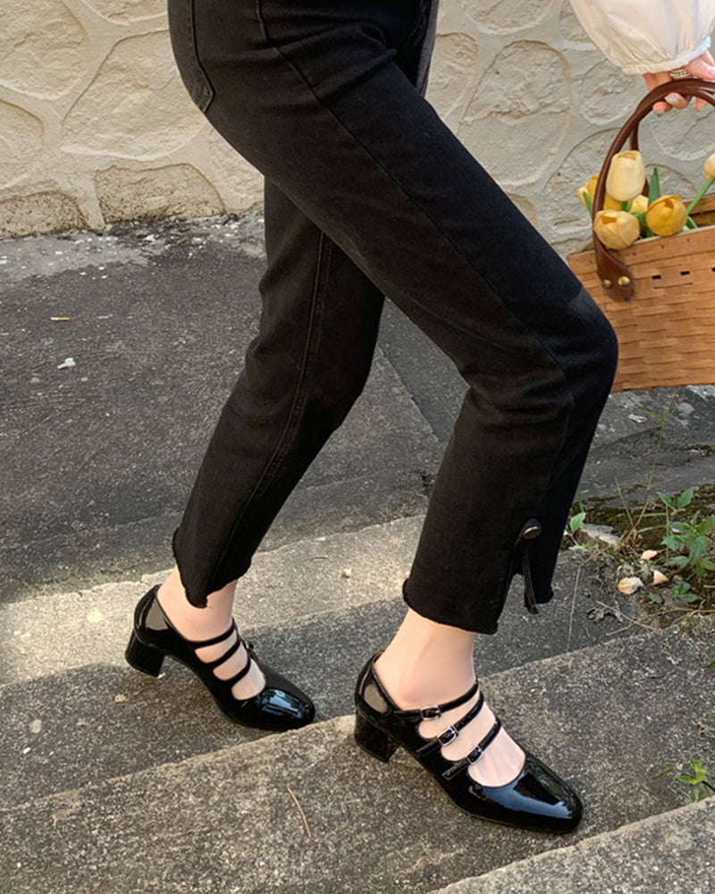 Mary Jane 3 Straps Chunky Block Heel Loafers