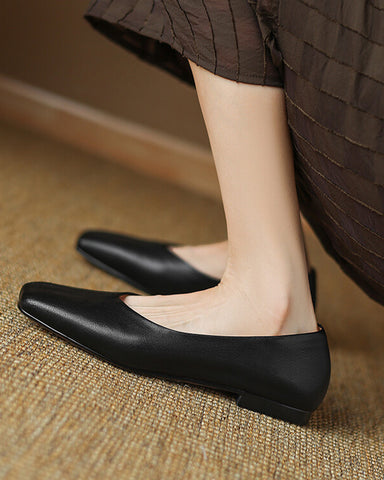 Minimalist Square Toe Leather Flat Loafers