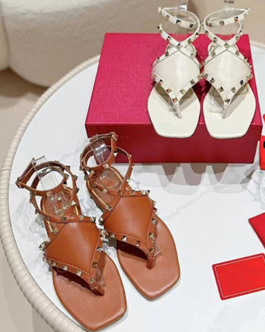 Studded Leather Thong Flats  Gladiator Sandals