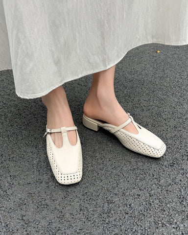 Retro Leather Hollow Out Slingback Block Heel Mules