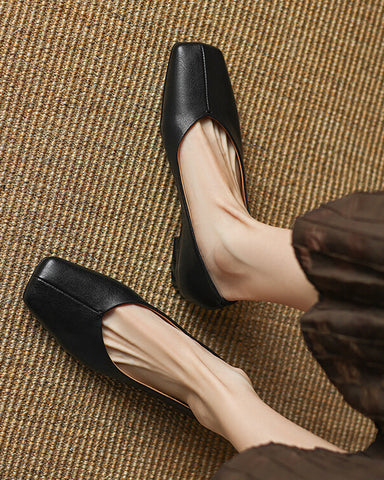 Minimalist Square Toe Leather Flat Loafers