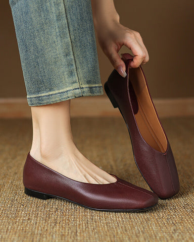 Minimalist Square Toe Leather Flat Loafers