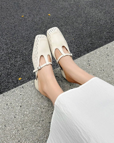 Retro Leather Hollow Out Slingback Block Heel Mules
