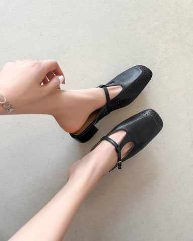 Retro Leather Hollow Out Slingback Block Heel Mules