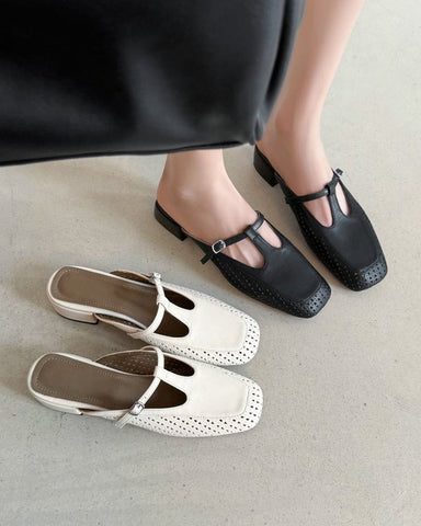Retro Leather Hollow Out Slingback Block Heel Mules